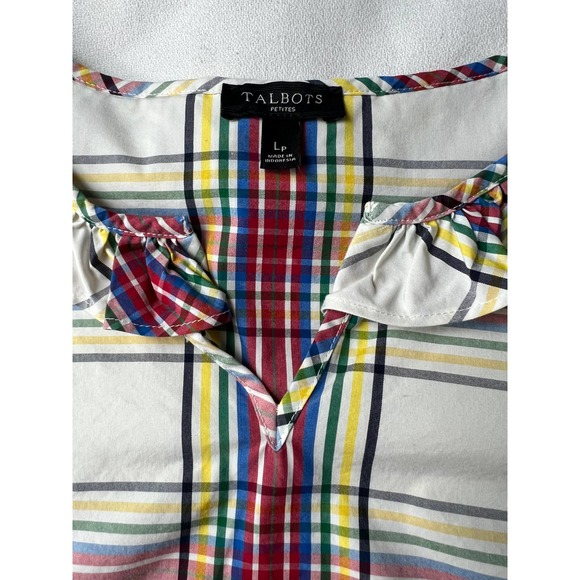 Talbots Short Sleeve Ruffle Top Cream Plaid Size LP - Picture 9 of 12